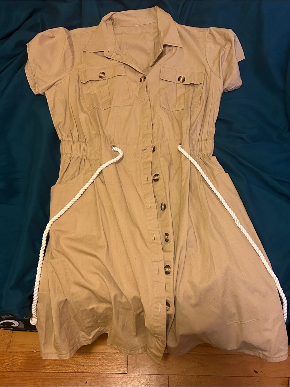 Tan Button-Front Shirt Dress with Rope Waist